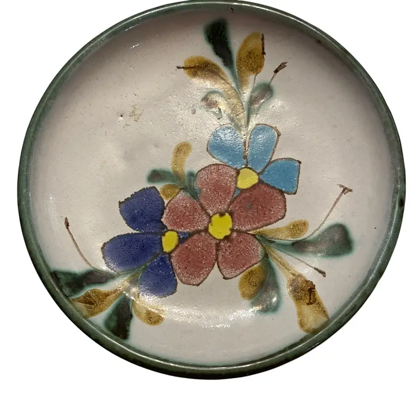 Vintage Small trinket bowl glazed pottery hand painted signed