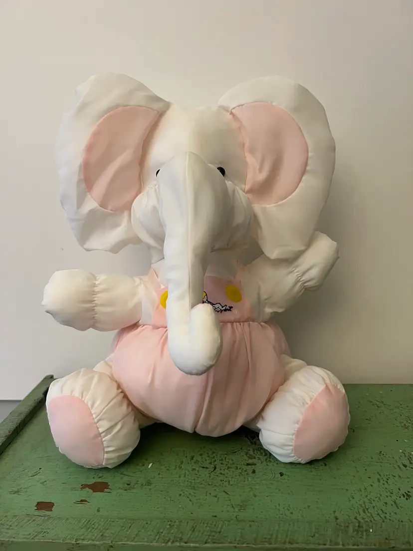Puffalump Style 14" Nylon White and Pink Elephant Vintage Plush Stuffed Animal Toy 1980s.