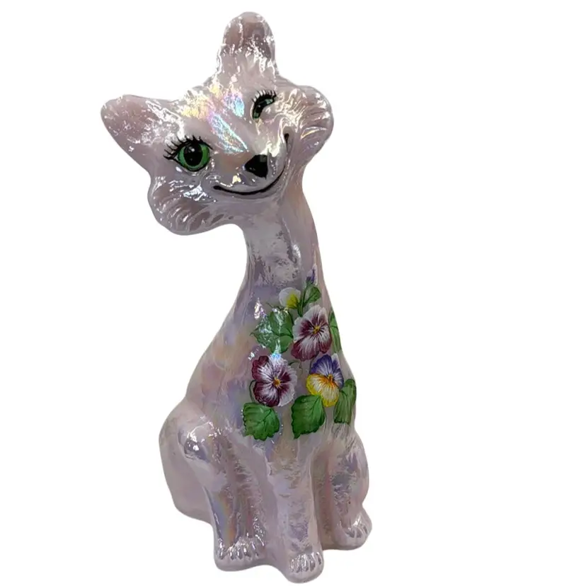 #01 Fenton Iridescent Carnival Glass Alley Cat - Limited Edition 1 Of 4 - Pansies - Signed By Lisa Van Es