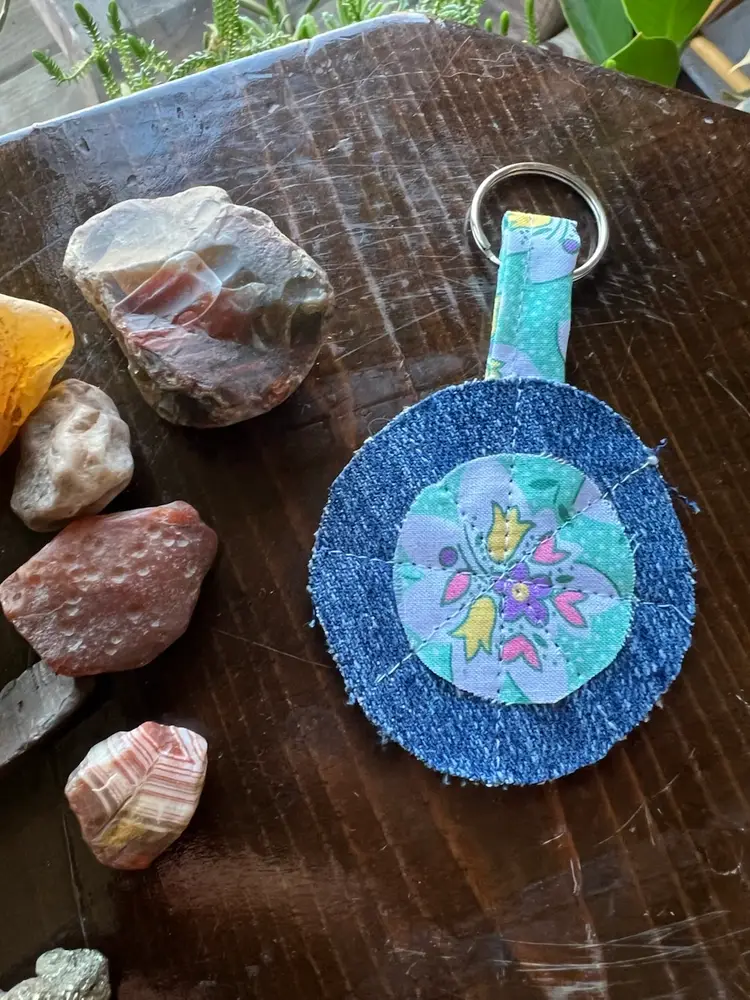 Mint and flowers denim keychain