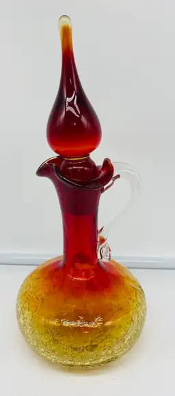 Vintage Kanawha Amberina Crackle Glass Pitcher Decanter Flame Stopper