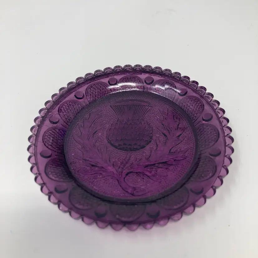 Vintage Amethyst Glass Thistle Mini Plate! 3 3/4”! READ! Tiny Chip On Bottom As Seen In Close Up Pic!