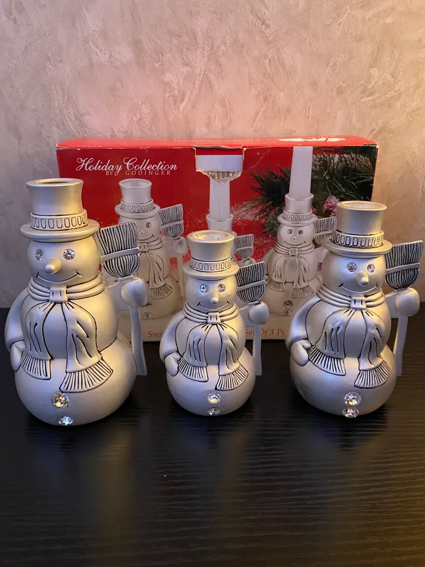 Vintage Godinger Silver Plated Snowmen Candle Holders Set Of 3 Winter Decor