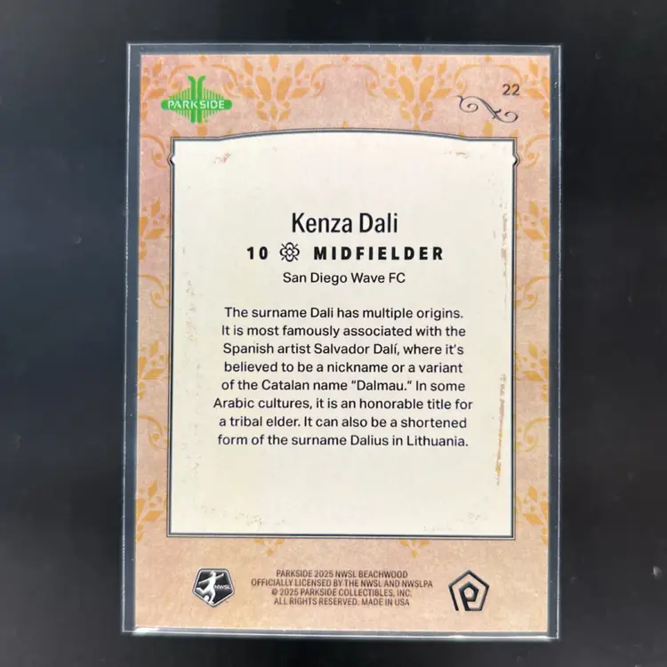 Kenza Dali 2025 Parkside Beachwood Brand Lineage Soccer Card