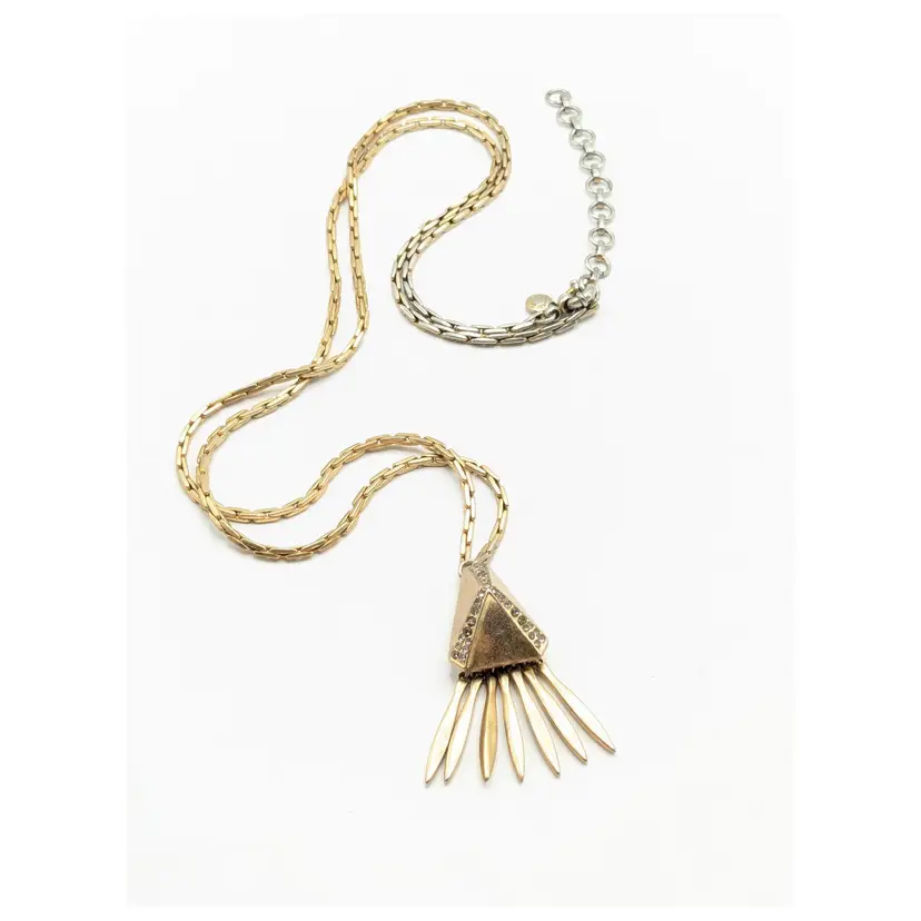 J Crew Gold Tone Geometric Pendant Necklace with Rhinestones and Fringe