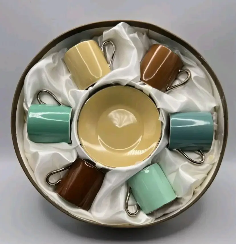 Classic Coffee & Tea Multi Color Platinum Detail Expresso Demitasse S/6 Cup/Saucer • New In Box