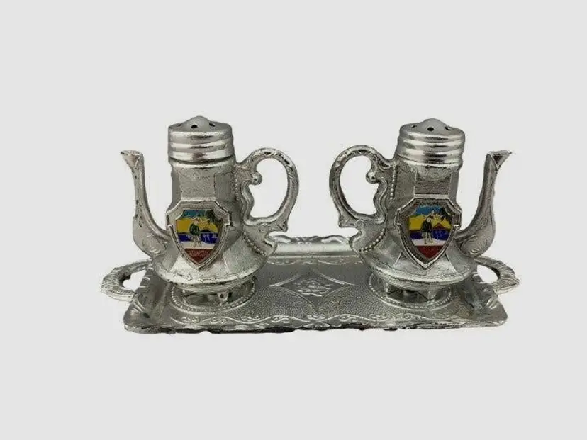 Hawaii Salt and Paper Shakers with Tray Metal Made in Japan Hula Dancers 2" Tall