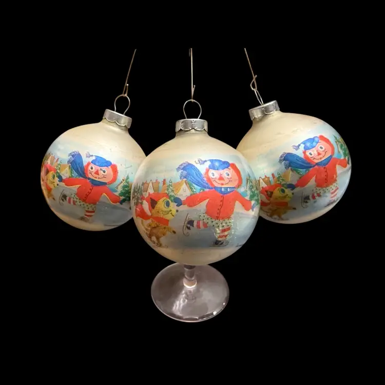 Corning Glass Works for Bobbs-Merrill Co - Raggedy Anne and Andy vintage Christmas ornaments set of three- 1973