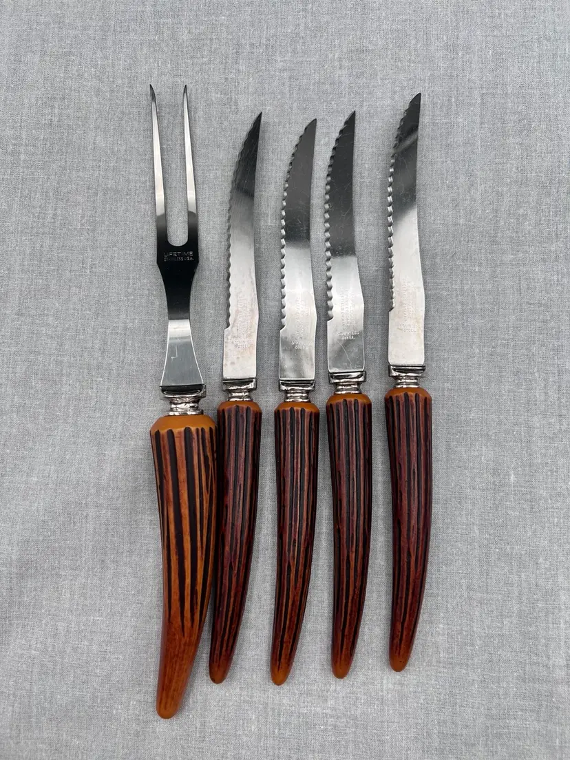 #293b 4 +1 Set of Vintage Faux Antler Stainless Steel Steak Knife Set Plus Carving Fork.  E Parker & Sons, Sheffield England
