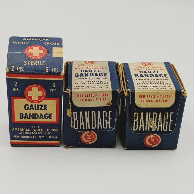 Vintage American White Cross and 2 Valentine Physicians & Surgeons Gauze Bandage