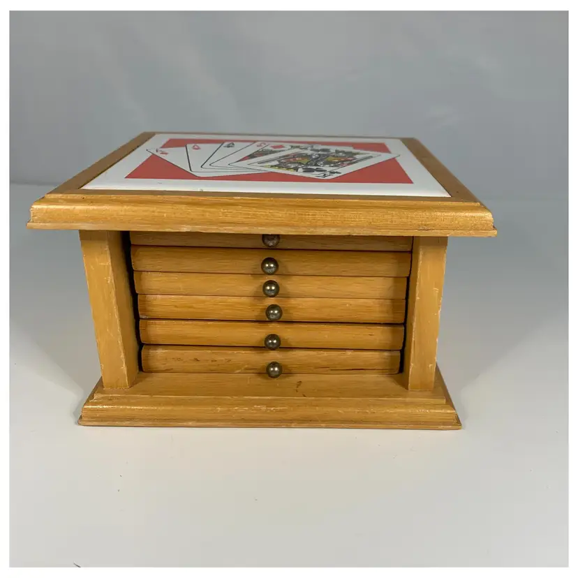 Wood Cork Poker Coaster Set Holder Set 6 Mid Century Rustic Retro Vintage