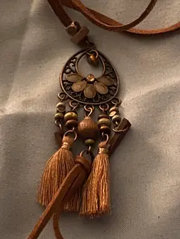 30” Artisan Faux Suede Brown Necklace Metal Teardrop & Fringe Beaded Pendant