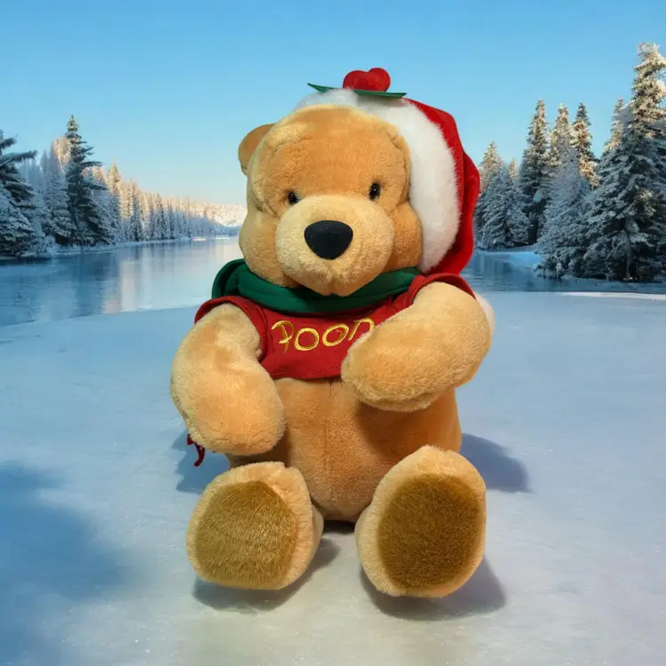 Disney World Winnie The Pooh Plush Christmas Cuddly Santa Hat Green Scarf 14"