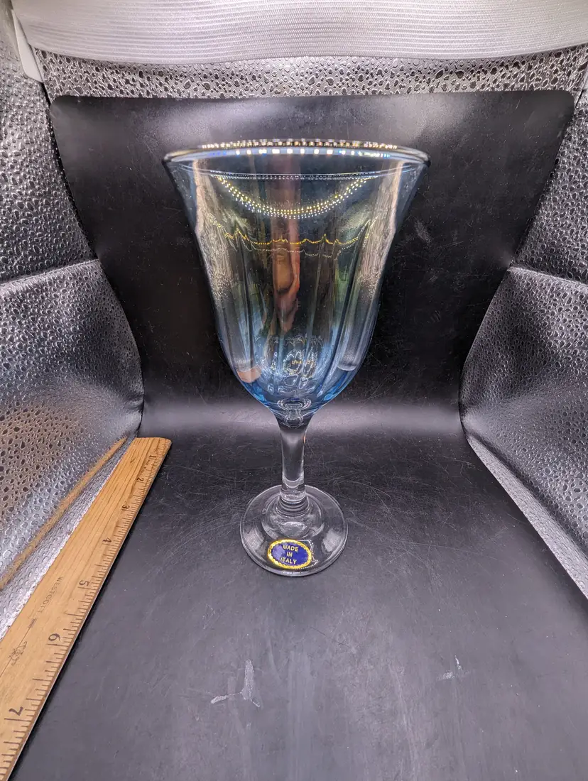 Vintage Made in Italy Water Iced Tea Goblet Blue Iridescent Clear Stem