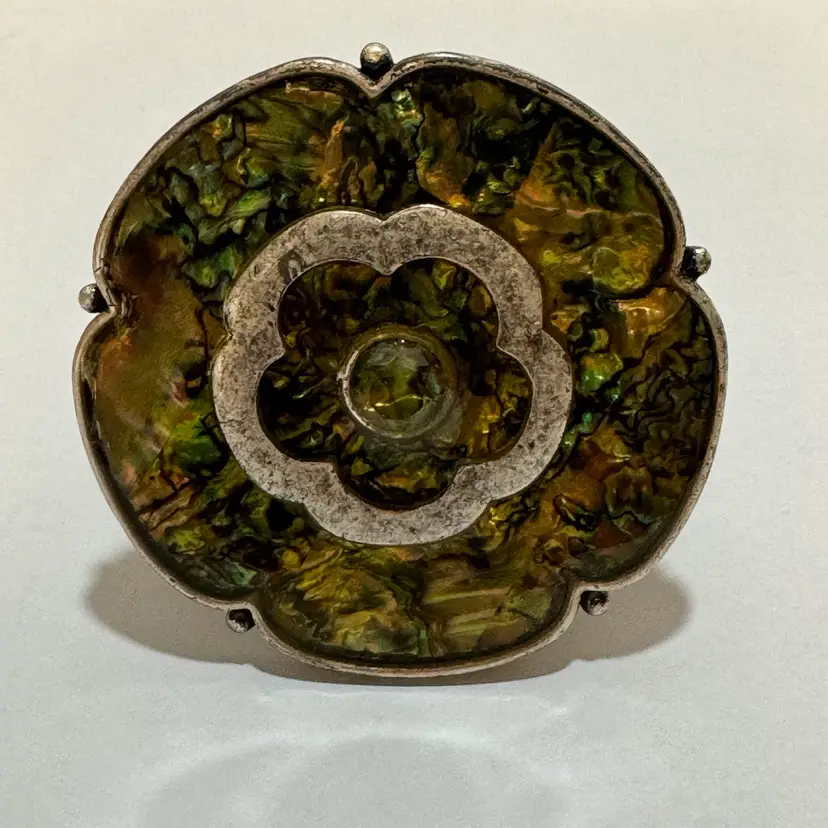 Vintage Abalone Silver Tone Brooch 2” Diameter As Is