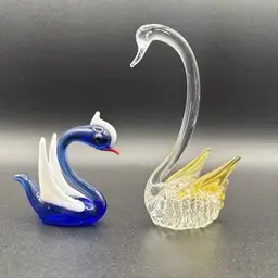 Two Swan Figurines Hand Blown Miniature