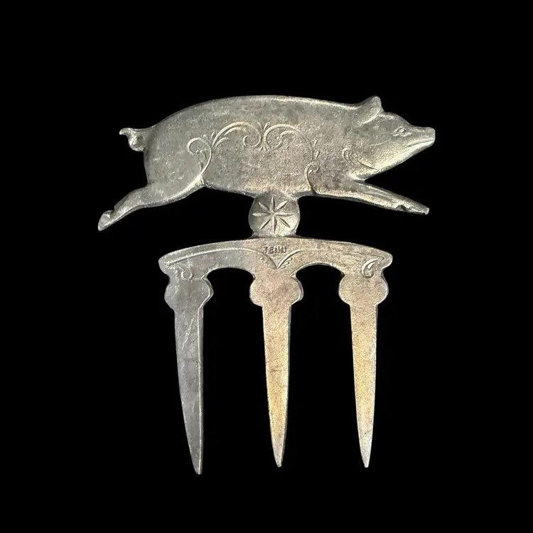 Vintage Swedish Meat Lifter Fork Pig Motif Scandinavian Kitchen Serving Tool Metal 3.5x4