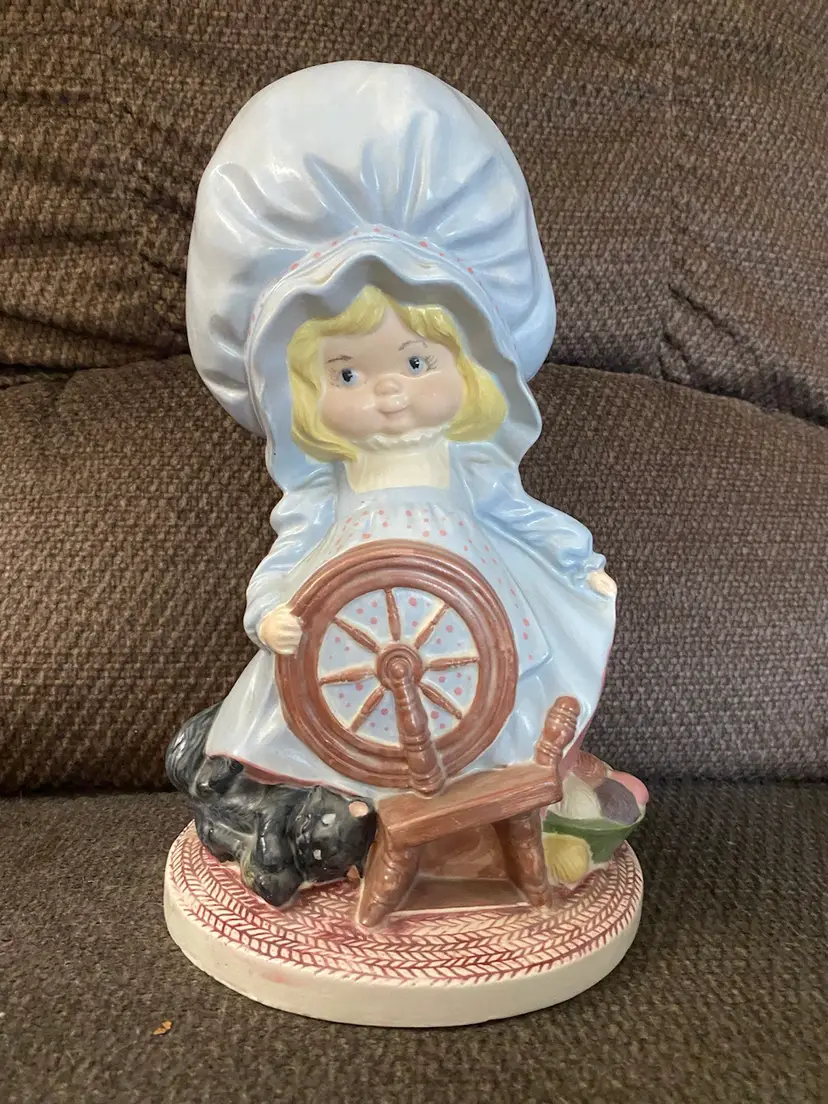 Artisan Girl, Ceramic With Spinning Wheel And Cat