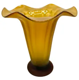 Vintage Art Glass Footed Trumpet Vase Satin Optic Amber Flower Ruffled 8.75”