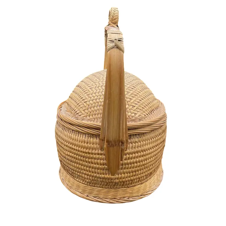 Vintage Handwoven Chinese Wedding Storage Basket With Intricate Lid & Handle