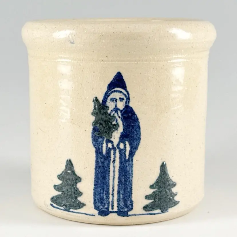 MPC Pottery Small Handmade Stoneware Crock, Hand-Painted Belsnickel Santa Claus Holding Christmas Tree, Vintage Made in USA