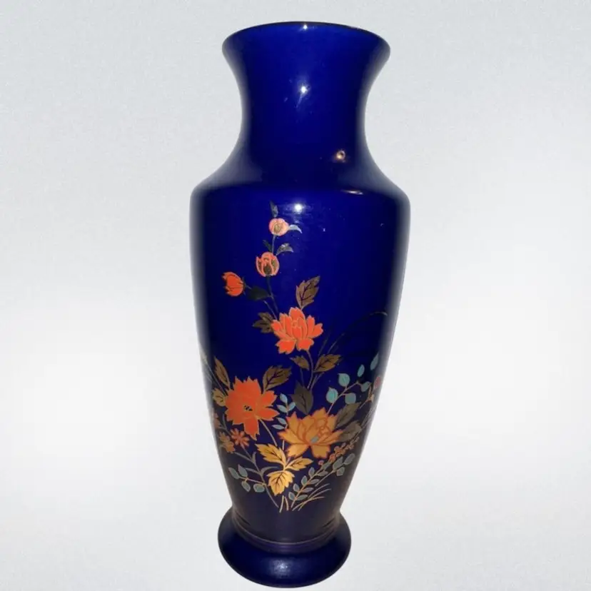 Orleans Cobalt Blue Floral 8” Vase Gold Trim Pinstriping