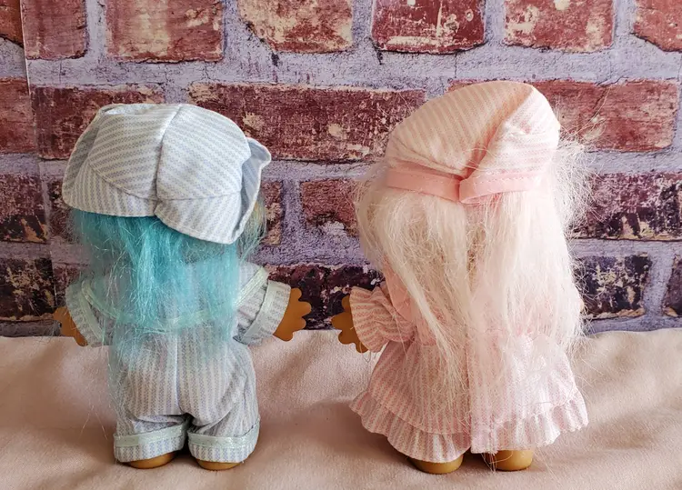 Vintage Pair of Russ Berrie Blue and Pink Boy and Pink Girl 6" Troll Dolls with Striped Pajamas