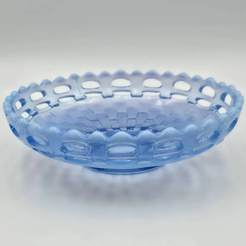Vintage Fenton Blue Opalescent Glass Basket Weave Bowl Open-lace Ruffled Edge