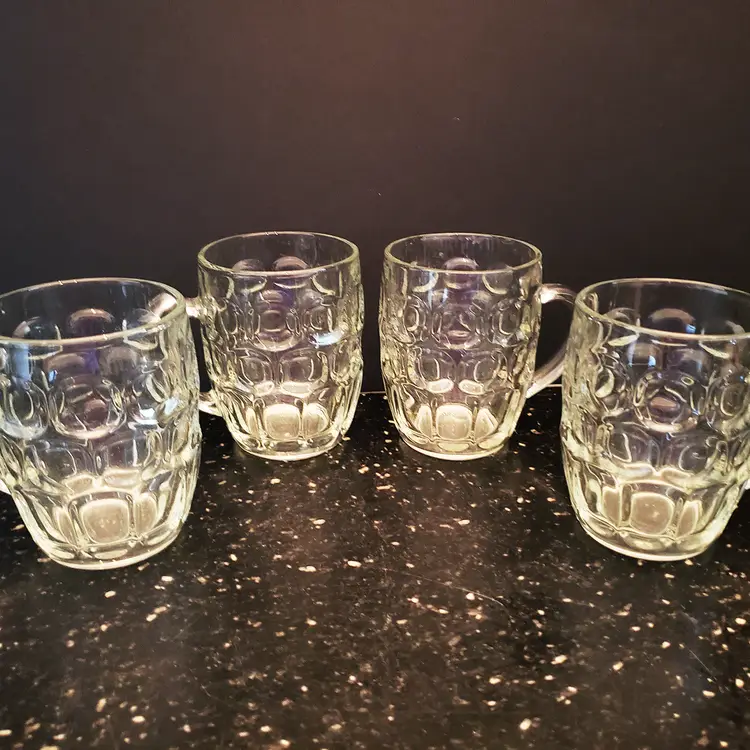 Barrel Shaped Clear Glass Beer Mugs Vintage Thumbprint Dimpled Glass Set of 4