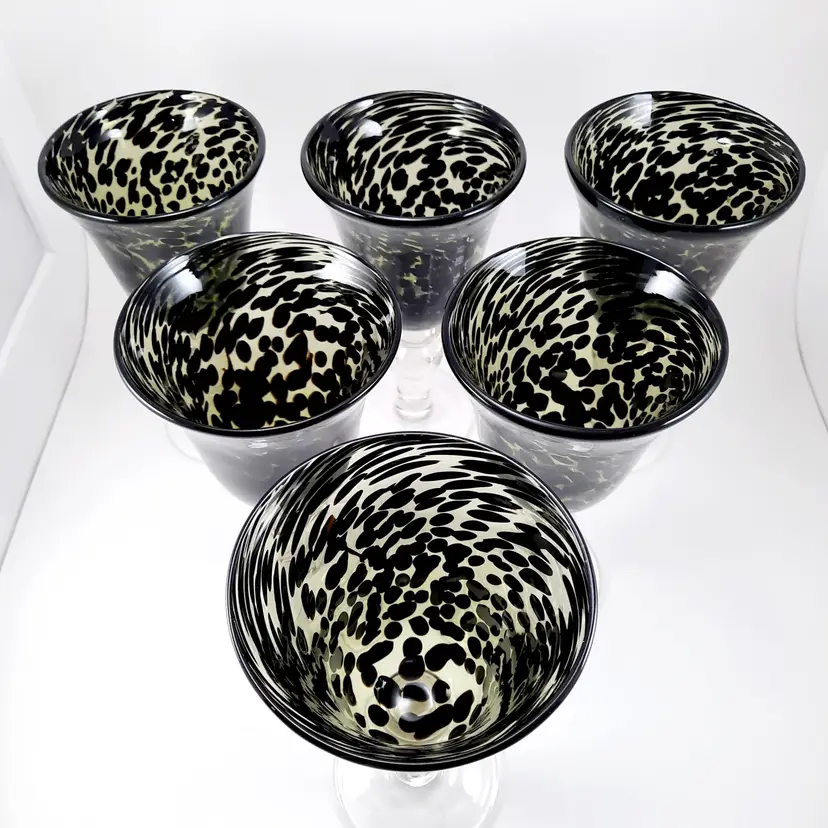 Animal Print Goblets Wine Glasses Hand Blown Green & Black Set Of 6