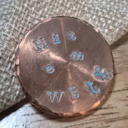 Golf Ball Marker - 1.25 inch diameter - Hit 'em well - Light Blue Lettering - copper