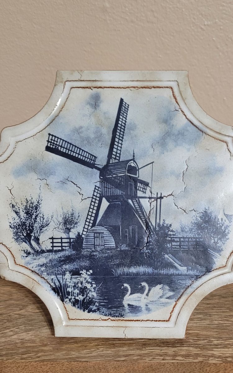 Ceramic Tile Windmill and Swans Made in Italy 6" x 8"