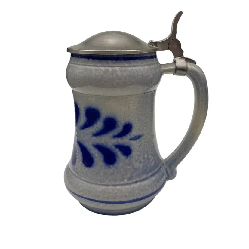 Vintage Handmade West Germany Salt Glaze Stein/Beer Mug, Pewter Lid, .25L Klein