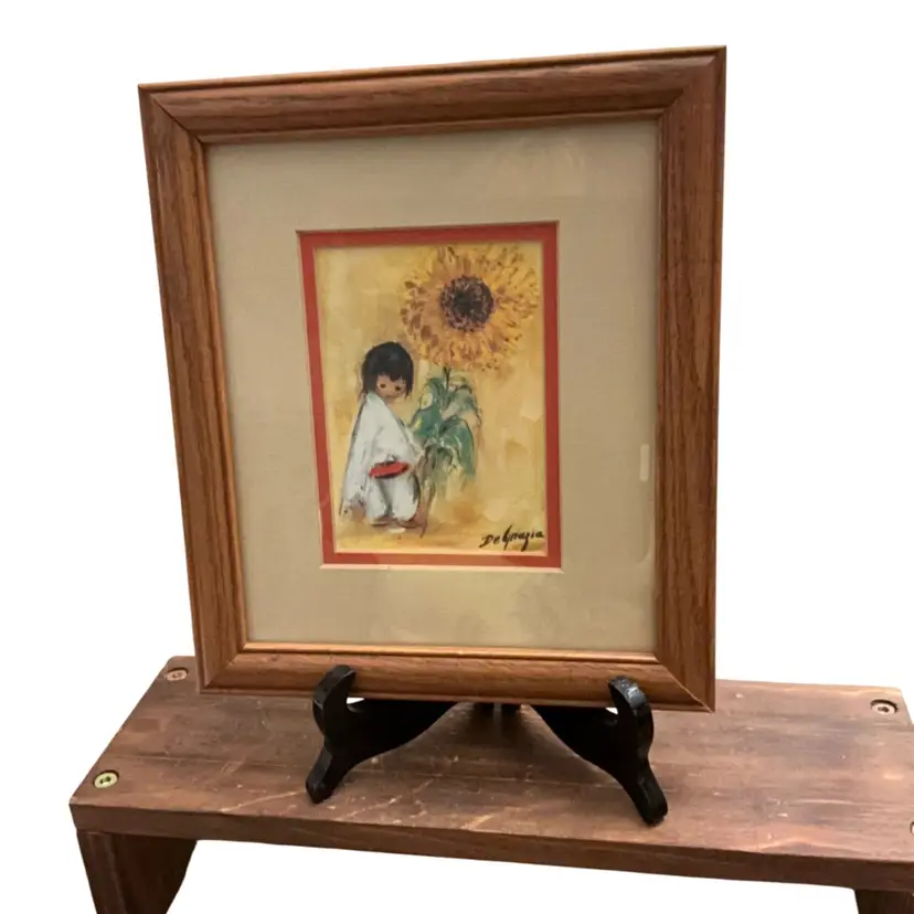 Vintage Framed Art Print By Ted DeGrazia Titled “Sunflower Boy” Or “Child with Sunflower” Approximately 9”x8”