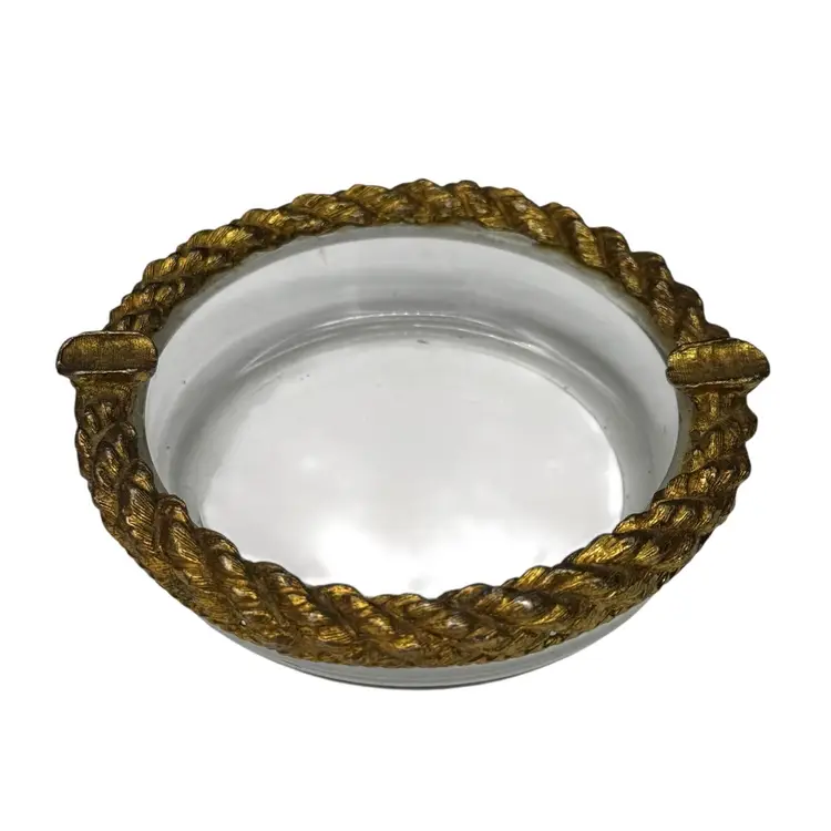 Vintage 1930s Art Deco Ashtray Twisted Rope Brass Glass Small Round Rare Hollywood Regency Collectible Trinket Dish