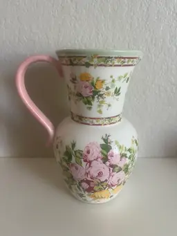 Vintage Laura Ashley Home Floral Pink Roses Pitcher Vase 7 1/2" Tall