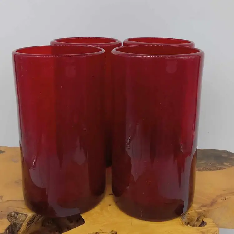 Thick red recycled glass glasses, drinking, water, blown glass, set of 4