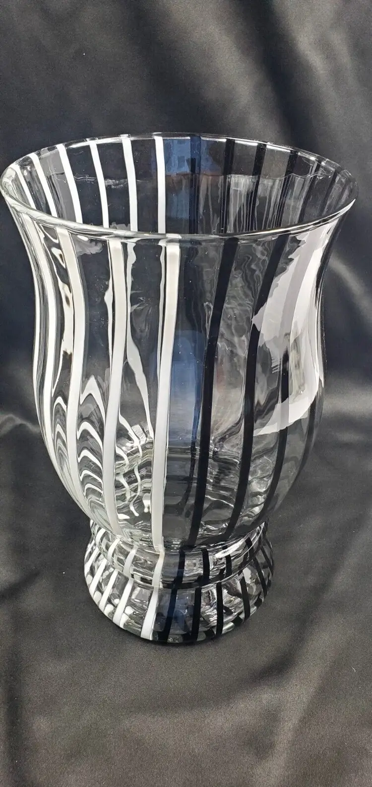 Vintage Murano Art Glass Vase Black White Vertical Stripe Transparent 12" Tall