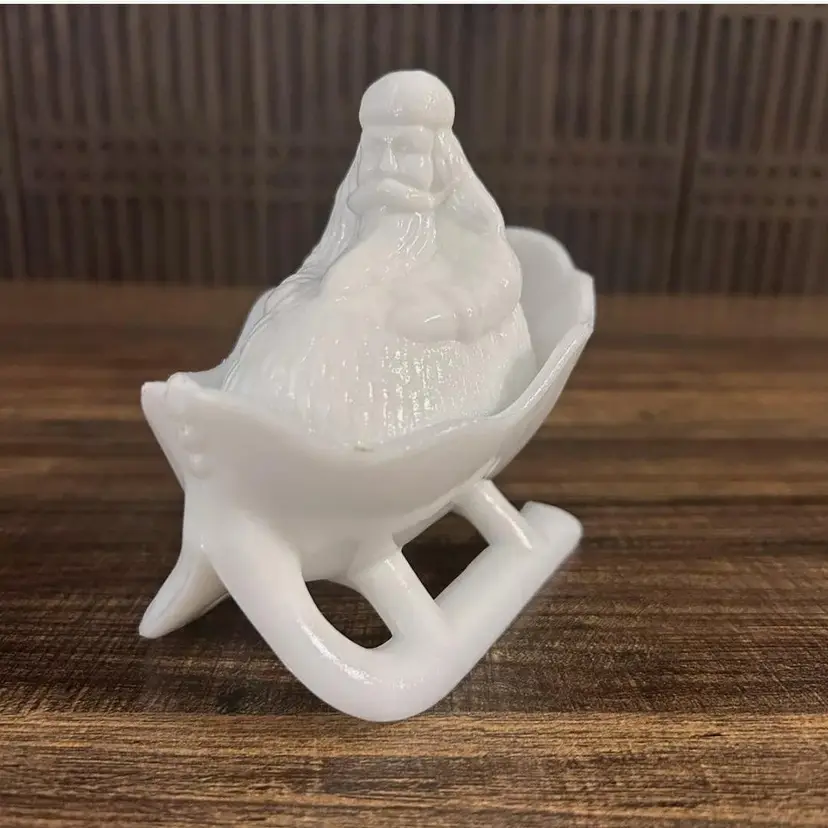 Antique Santa on Sleigh Milk Glass Trinket Box Candy Dish