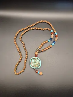 32" Wood Bead Necklace with Double-Sided Elephant Charm