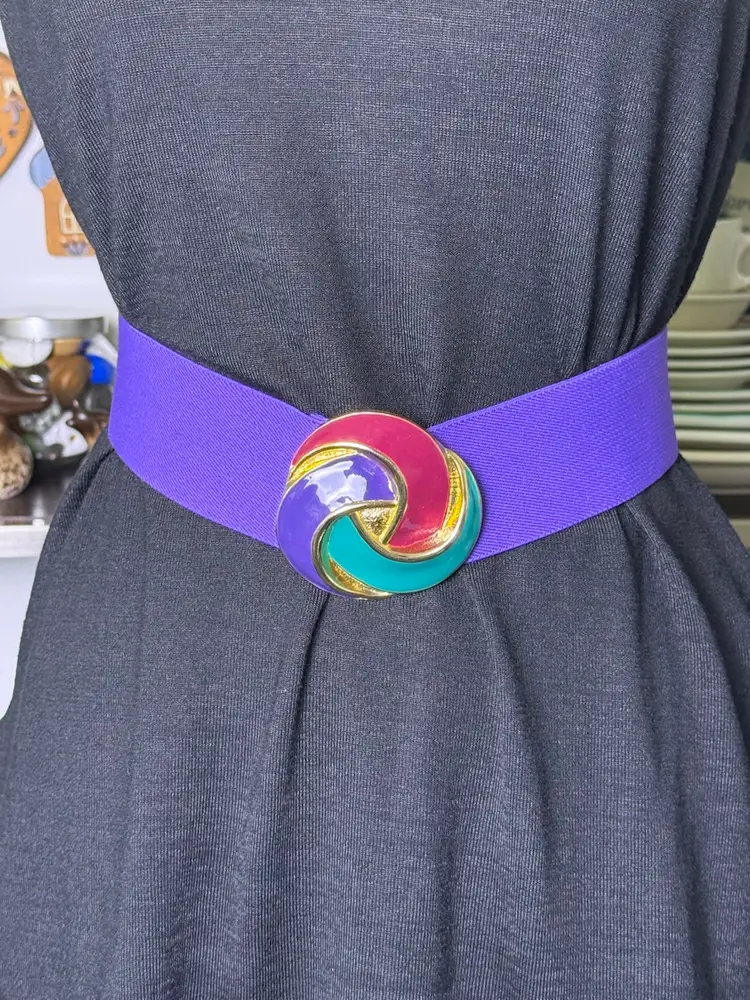 Vintage Day-Lor Womens Purple Swirl Enamel Belt Stretch Elastic OSFM Retro
