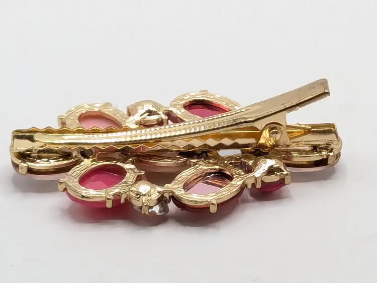 Pink Faceted Glass Gems Hair Clip Barrette Gold Tone