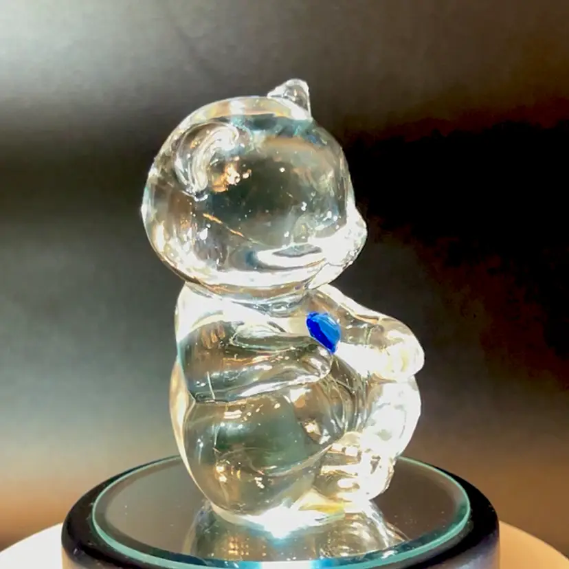 Vintage Fenton Art Glass Bear Figurine Paperweight Swarovski Crystal Sapphire Blue Heart September Birthstone