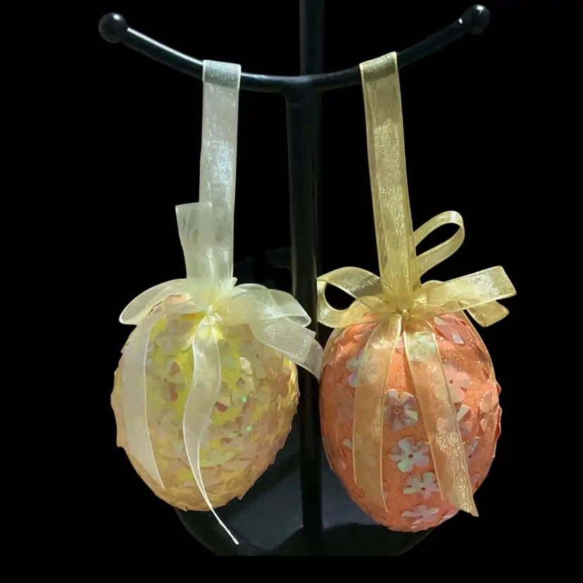 2 LG. Beautiful Handcrafted Sparkly Sequined  Hanging Easter Egg Ornaments. In Spring Yellow & Tangerine Orange.