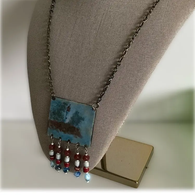 1970’s Artisan Copper Enamel Lighthouse Pendant Necklace With Handmade Glass Beads