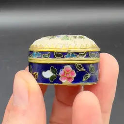 Mini Cloisonne Enamel Box Embroidered Lid Cobalt Blue Gold Pink Flowers Roses