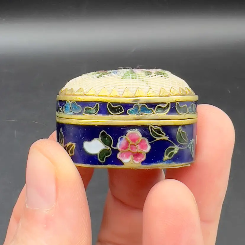 Mini Cloisonne Enamel Box Embroidered Lid Cobalt Blue Gold Pink Flowers Roses