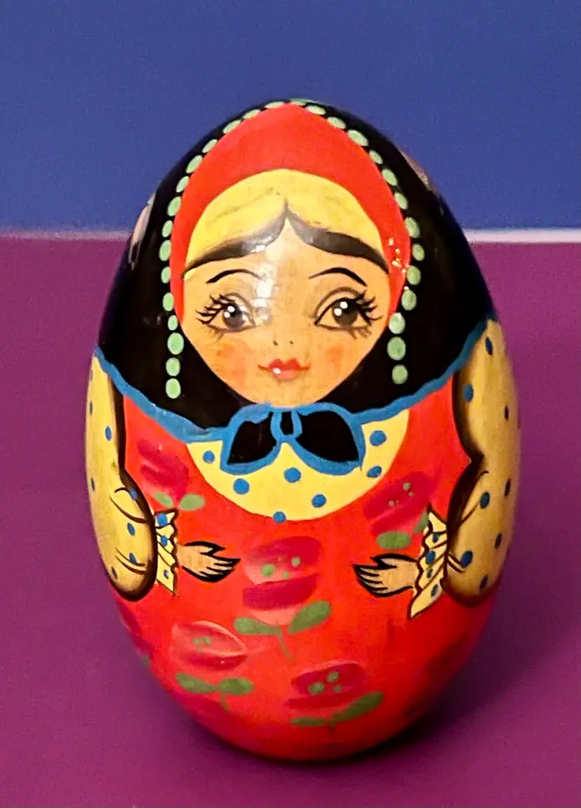 Hand Painted Russian Matryoshka Wooden Egg 3 1/2”