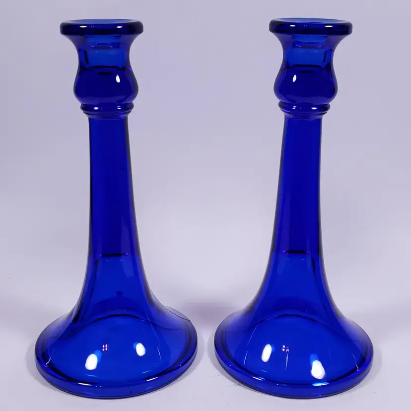 Art Deco CENTRAL GLASS WORKS No 2000 Cobalt Blue Trumpet CANDLESTICK SET