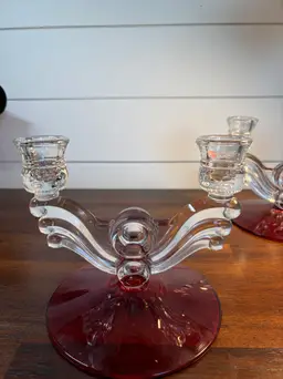 Vintage Pair ofTiffin Glass King's Crown Ruby Red Glass Candle Holders